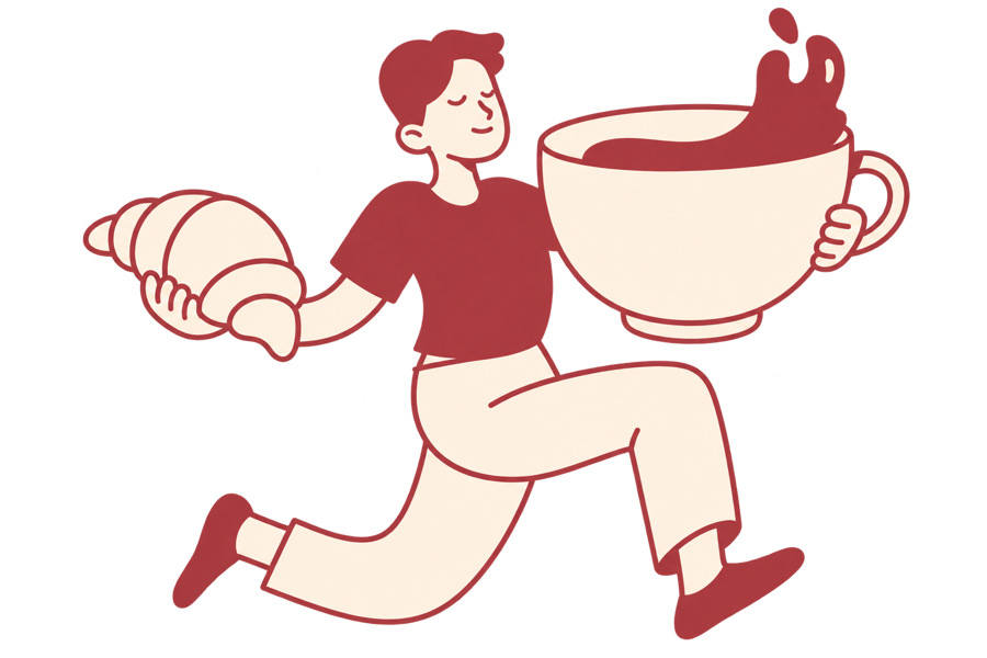 Ilustração de uma pessoa correndo com uma xícara de café gigante e um croissant